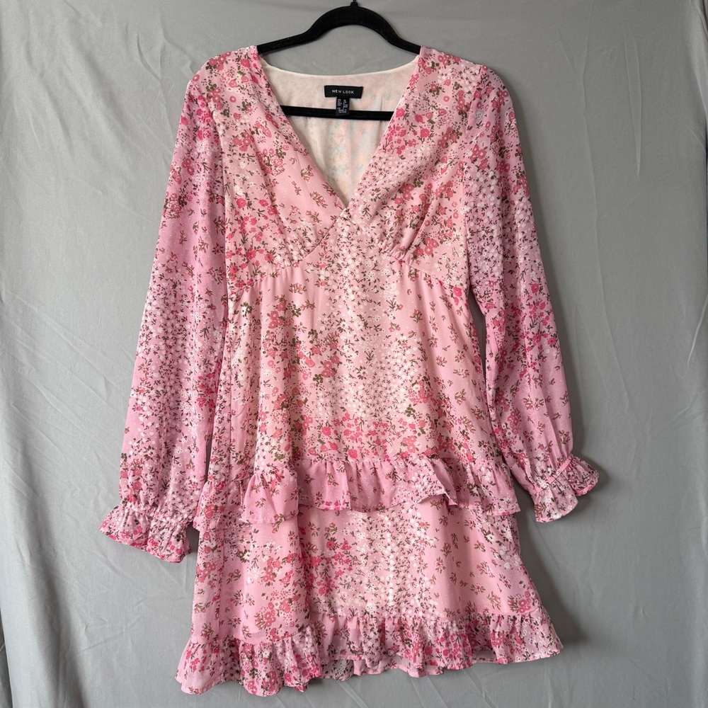 New Look Womens Fairy Babydoll Floral Tiered Dress 6 Pink Cottagecore Garden